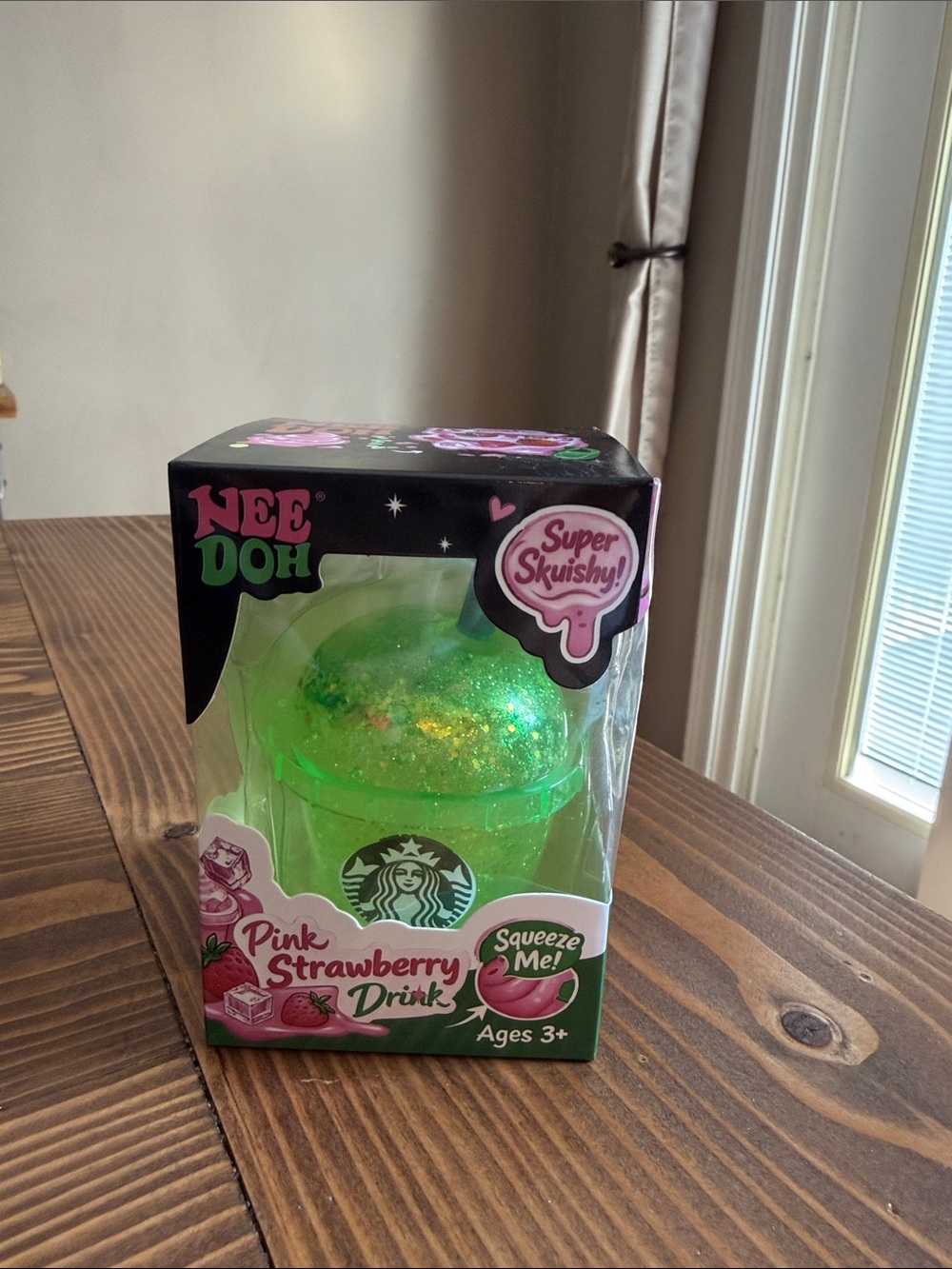 Pink Strawberry Drink Super Squishy Toy - Green Glitter